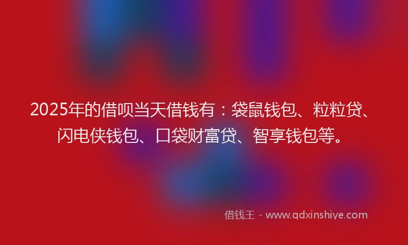 2025年的借呗当天借钱有:袋鼠钱包、粒粒贷、闪电侠钱包、口袋财富贷、智享钱包等。