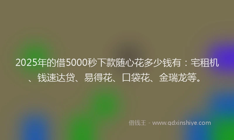 2025年的借5000秒下款随心花多少钱有:宅租机、钱速达贷、易得花、口袋花、金瑞龙等。