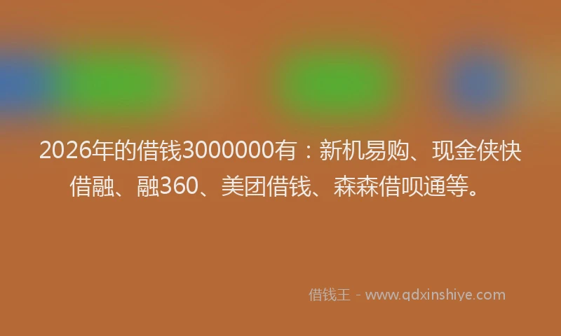 2026年的借钱3000000有:新机易购、现金侠快借融、融360、美团借钱、森森借呗通等。