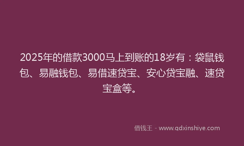 2025年的借款3000马上到账的18岁有：袋鼠钱包、易融钱包、易借速贷宝、安心贷宝融、速贷宝盒等。