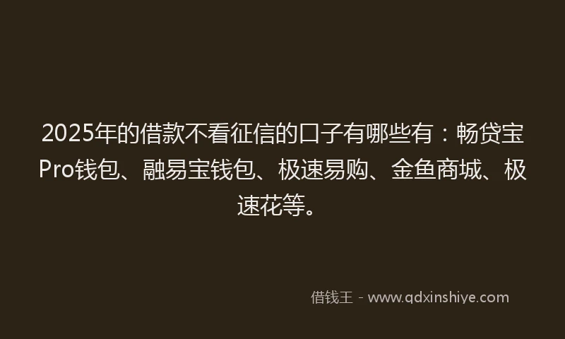 2025年的借款不看征信的口子有哪些有:畅贷宝Pro钱包、融易宝钱包、极速易购、金鱼商城、极速花等。