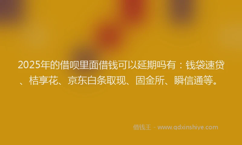 2025年的借呗里面借钱可以延期吗有：钱袋速贷、桔享花、京东白条取现、固金所、瞬信通等。