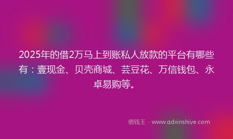 2025年的借2万马上到账私人放款的平台有哪些有:壹现金、贝壳商城、芸豆花、万信钱包、永卓易购等。