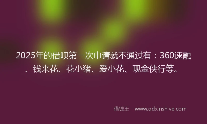 2025年的借呗第一次申请就不通过有：360速融、钱来花、花小猪、爱小花、现金侠行等。