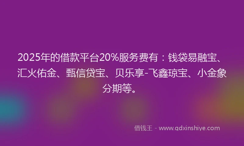 2025年的借款平台20%服务费有：钱袋易融宝、汇火佑金、甄信贷宝、贝乐享-飞鑫琼宝、小金象分期等。