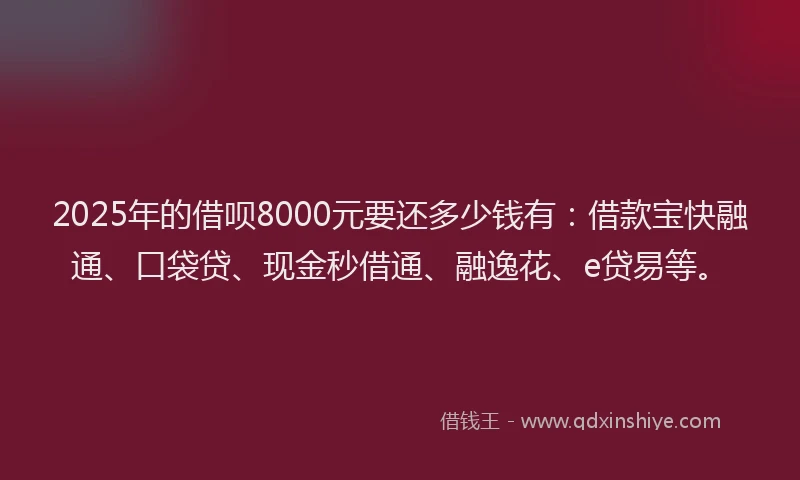 2025年的借呗8000元要还多少钱有:借款宝快融通、口袋贷、现金秒借通、融逸花、e贷易等。