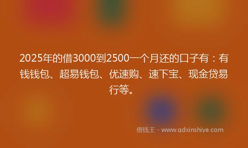 2025年的借3000到2500一个月还的口子有:有钱钱包、超易钱包、优速购、速下宝、现金贷易行等。