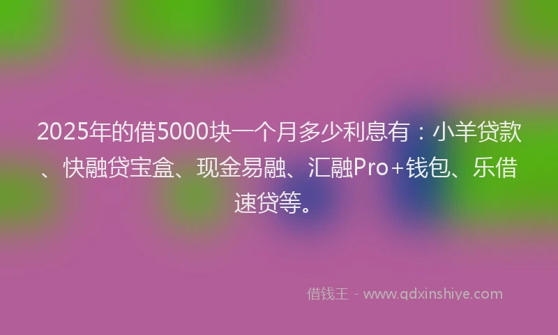 2025年的借5000块一个月多少利息有:小羊贷款、快融贷宝盒、现金易融、汇融Pro+钱包、乐借速贷等。