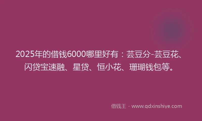 2025年的借钱6000哪里好有：芸豆分-芸豆花、闪贷宝速融、星贷、恒小花、珊瑚钱包等。