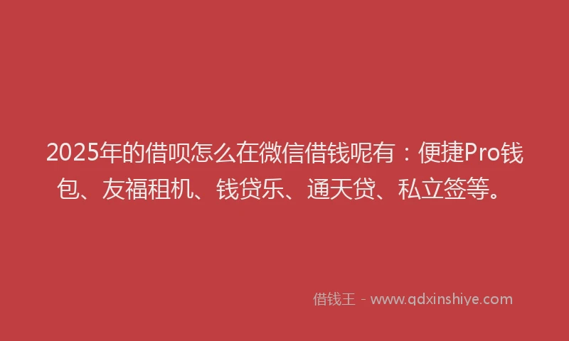 2025年的借呗怎么在微信借钱呢有：便捷Pro钱包、友福租机、钱贷乐、通天贷、私立签等。