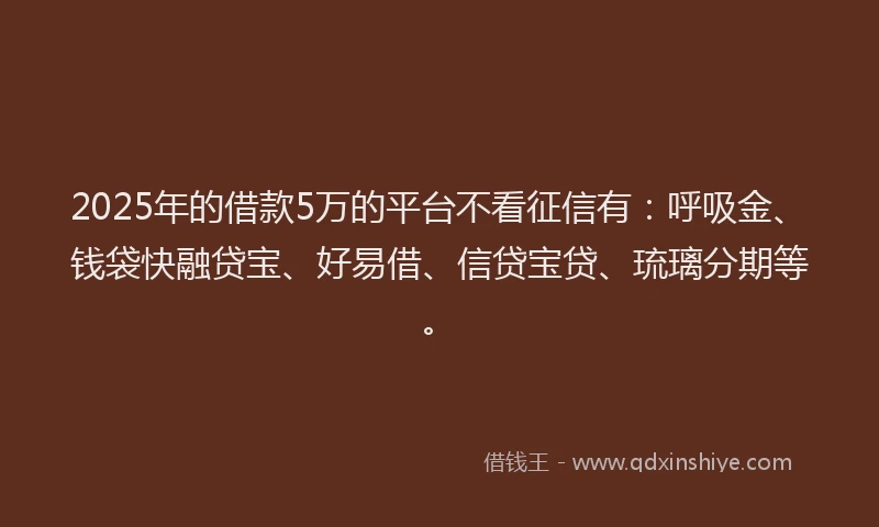 2025年的借款5万的平台不看征信有：呼吸金、钱袋快融贷宝、好易借、信贷宝贷、琉璃分期等。