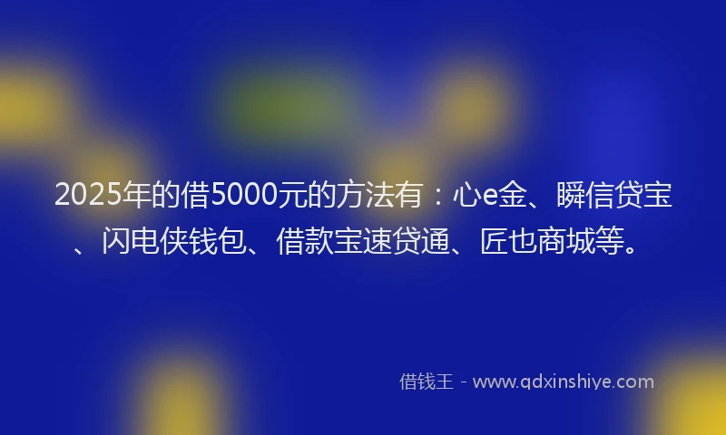 2025年的借5000元的方法有：心e金、瞬信贷宝、闪电侠钱包、借款宝速贷通、匠也商城等。