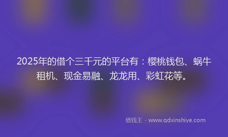 2025年的借个三千元的平台有：樱桃钱包、蜗牛租机、现金易融、龙龙用、彩虹花等。