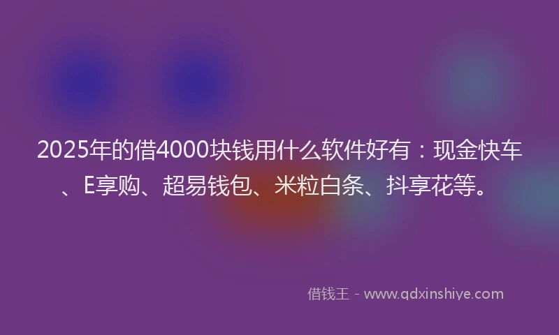 2025年的借4000块钱用什么软件好有:现金快车、E享购、超易钱包、米粒白条、抖享花等。