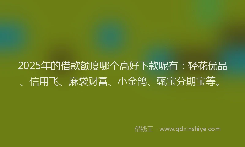 2025年的借款额度哪个高好下款呢有:轻花优品、信用飞、麻袋财富、小金鸽、甄宝分期宝等。
