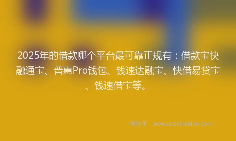 2025年的借款哪个平台最可靠正规有：借款宝快融通宝、普惠Pro钱包、钱速达融宝、快借易贷宝、钱速借宝等。