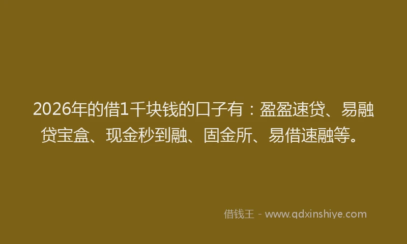 2026年的借1千块钱的口子有:盈盈速贷、易融贷宝盒、现金秒到融、固金所、易借速融等。