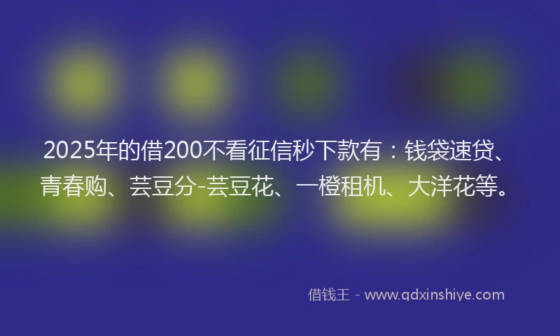 2025年的借200不看征信秒下款有：钱袋速贷、青春购、芸豆分-芸豆花、一橙租机、大洋花等。