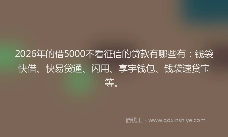 2026年的借5000不看征信的贷款有哪些有：钱袋快借、快易贷通、闪用、享宇钱包、钱袋速贷宝等。