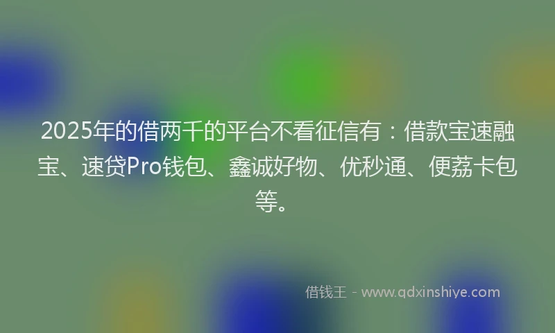 2025年的借两千的平台不看征信有：借款宝速融宝、速贷Pro钱包、鑫诚好物、优秒通、便荔卡包等。