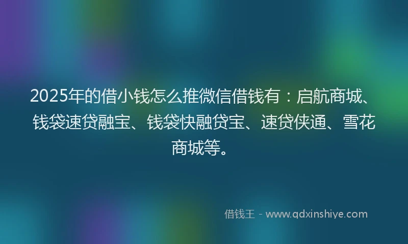 2025年的借小钱怎么推微信借钱有:启航商城、钱袋速贷融宝、钱袋快融贷宝、速贷侠通、雪花商城等。