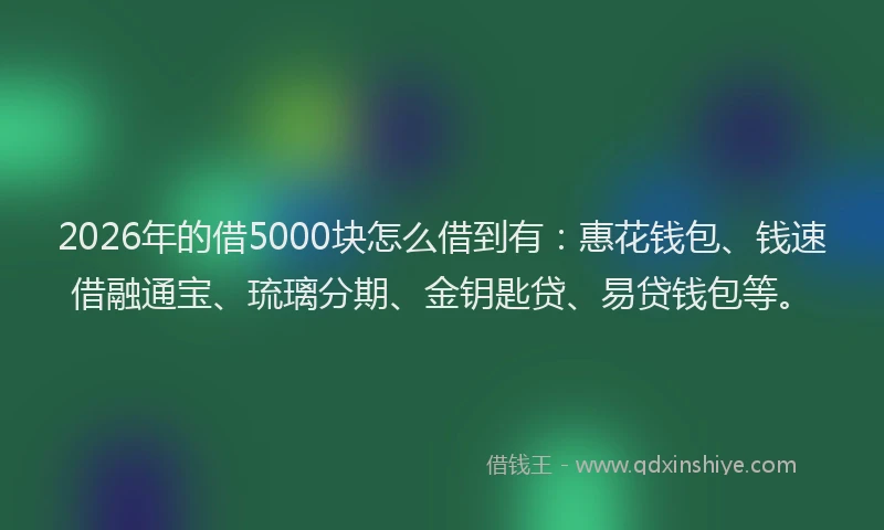 2026年的借5000块怎么借到有：惠花钱包、钱速借融通宝、琉璃分期、金钥匙贷、易贷钱包等。