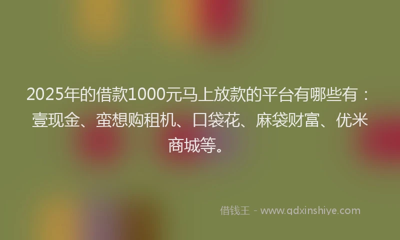 2025年的借款1000元马上放款的平台有哪些有:壹现金、蛮想购租机、口袋花、麻袋财富、优米商城等。