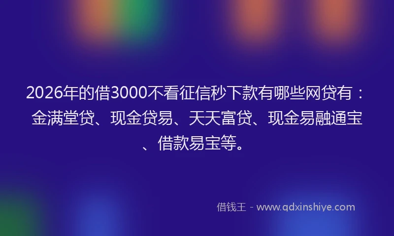 2026年的借3000不看征信秒下款有哪些网贷有：金满堂贷、现金贷易、天天富贷、现金易融通宝、借款易宝等。