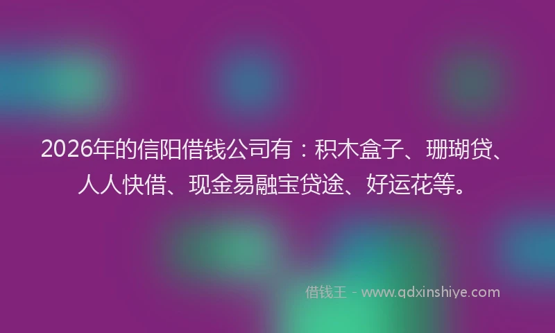 2026年的信阳借钱公司有：积木盒子、珊瑚贷、人人快借、现金易融宝贷途、好运花等。