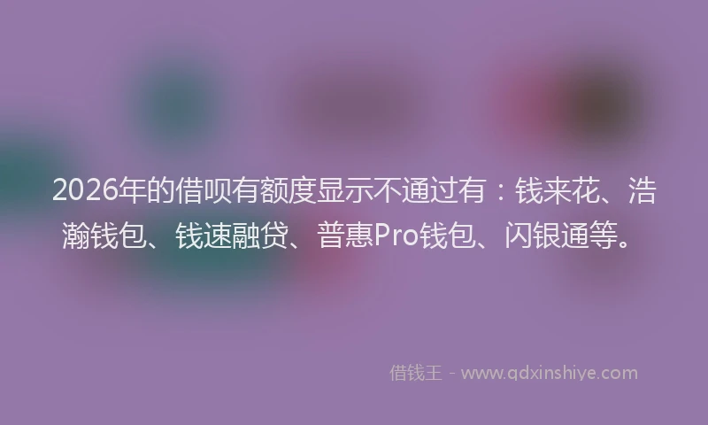 2026年的借呗有额度显示不通过有:钱来花、浩瀚钱包、钱速融贷、普惠Pro钱包、闪银通等。