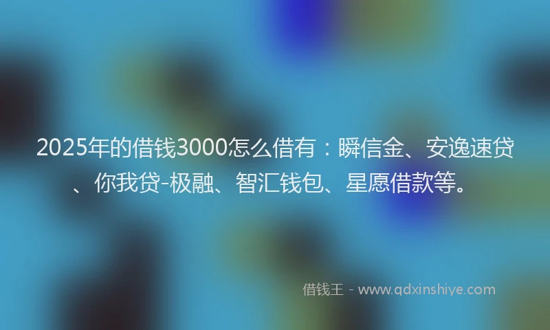2025年的借钱3000怎么借有：瞬信金、安逸速贷、你我贷-极融、智汇钱包、星愿借款等。