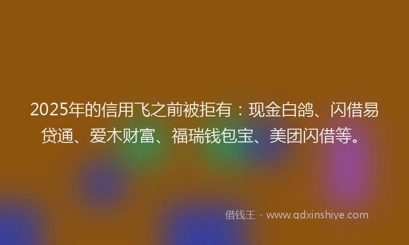 2025年的信用飞之前被拒有:现金白鸽、闪借易贷通、爱木财富、福瑞钱包宝、美团闪借等。