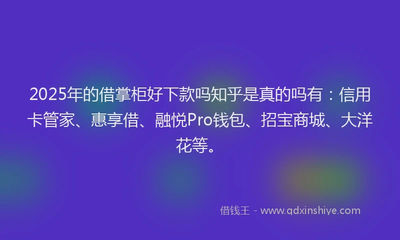 2025年的借掌柜好下款吗知乎是真的吗有:信用卡管家、惠享借、融悦Pro钱包、招宝商城、大洋花等。