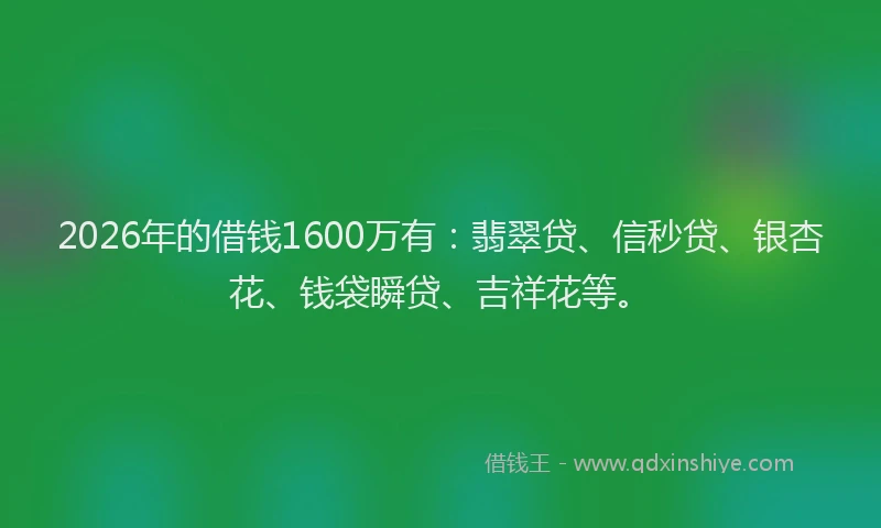 2026年的借钱1600万有：翡翠贷、信秒贷、银杏花、钱袋瞬贷、吉祥花等。