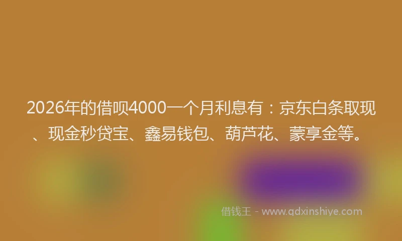 2026年的借呗4000一个月利息有：京东白条取现、现金秒贷宝、鑫易钱包、葫芦花、蒙享金等。