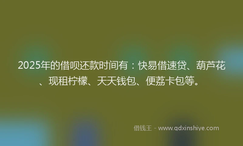 2025年的借呗还款时间有：快易借速贷、葫芦花、现租柠檬、天天钱包、便荔卡包等。