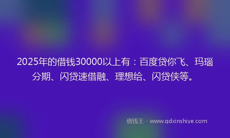 2025年的借钱30000以上有：百度贷你飞、玛瑙分期、闪贷速借融、理想给、闪贷侠等。