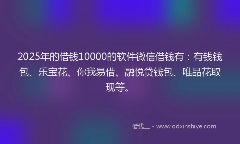 2025年的借钱10000的软件微信借钱有：有钱钱包、乐宝花、你我易借、融悦贷钱包、唯品花取现等。