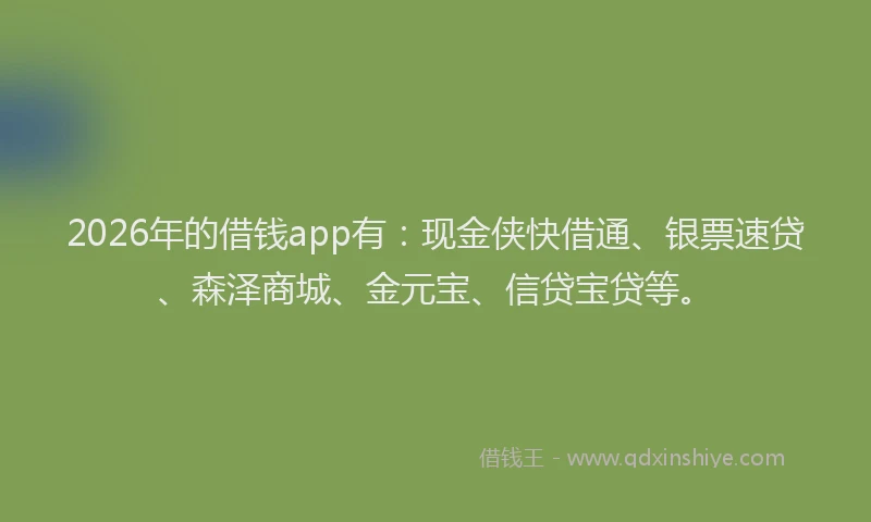 2026年的借钱app有：现金侠快借通、银票速贷、森泽商城、金元宝、信贷宝贷等。