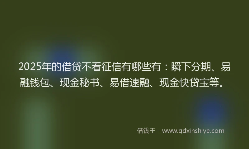 2025年的借贷不看征信有哪些有:瞬下分期、易融钱包、现金秘书、易借速融、现金快贷宝等。