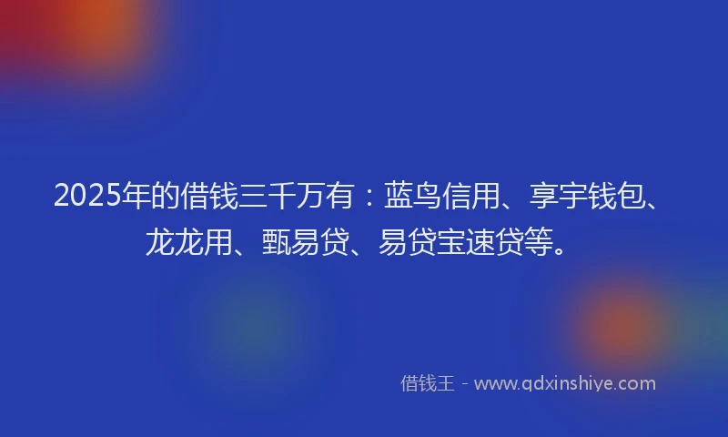 2025年的借钱三千万有：蓝鸟信用、享宇钱包、龙龙用、甄易贷、易贷宝速贷等。