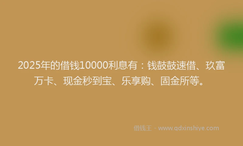 2025年的借钱10000利息有：钱鼓鼓速借、玖富万卡、现金秒到宝、乐享购、固金所等。