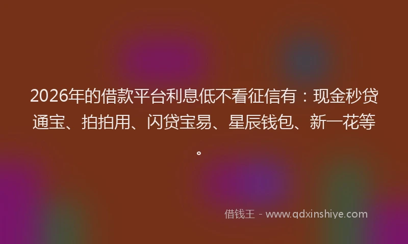 2026年的借款平台利息低不看征信有:现金秒贷通宝、拍拍用、闪贷宝易、星辰钱包、新一花等。