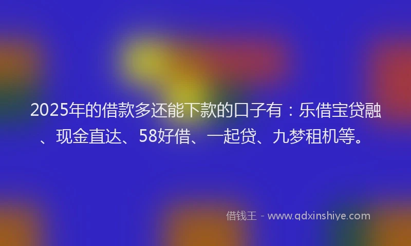 2025年的借款多还能下款的口子有：乐借宝贷融、现金直达、58好借、一起贷、九梦租机等。