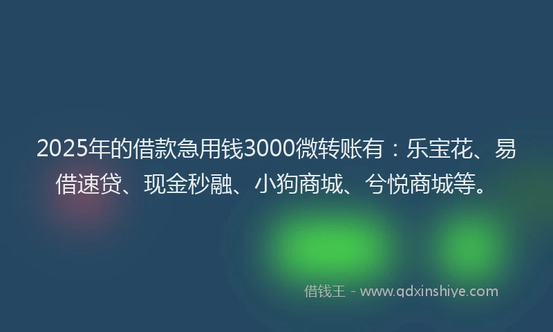 2025年的借款急用钱3000微转账有：乐宝花、易借速贷、现金秒融、小狗商城、兮悦商城等。