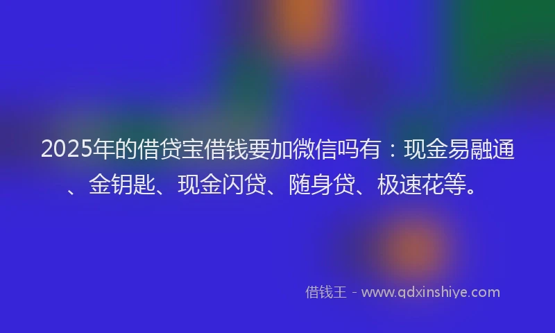 2025年的借贷宝借钱要加微信吗有:现金易融通、金钥匙、现金闪贷、随身贷、极速花等。