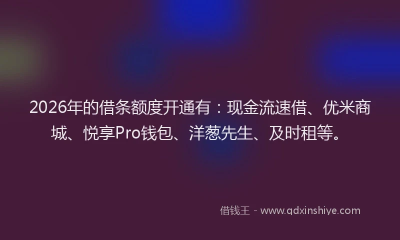 2026年的借条额度开通有：现金流速借、优米商城、悦享Pro钱包、洋葱先生、及时租等。