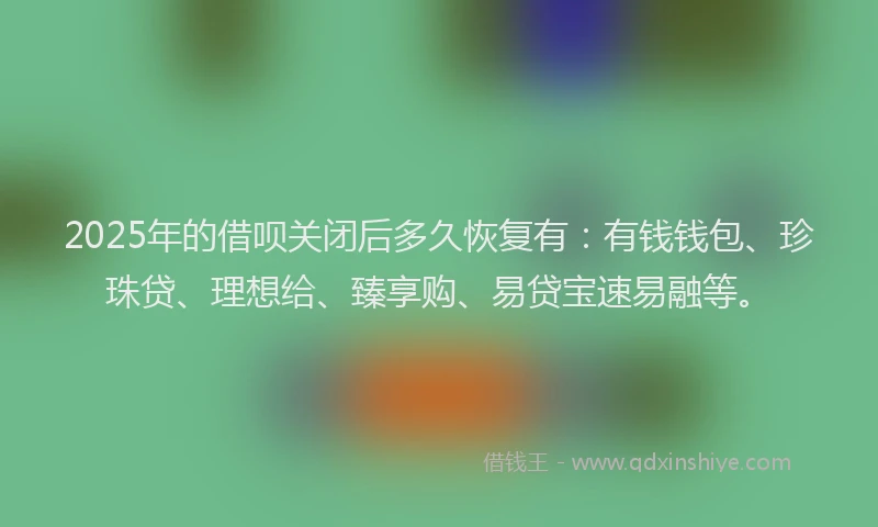 2025年的借呗关闭后多久恢复有：有钱钱包、珍珠贷、理想给、臻享购、易贷宝速易融等。