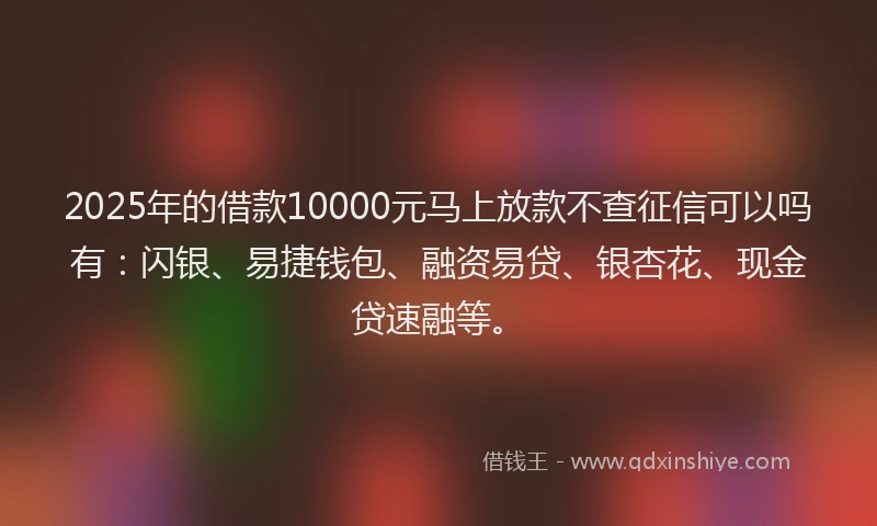 2025年的借款10000元马上放款不查征信可以吗有:闪银、易捷钱包、融资易贷、银杏花、现金贷速融等。
