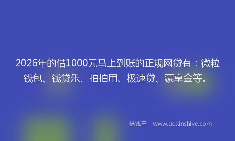 2026年的借1000元马上到账的正规网贷有：微粒钱包、钱贷乐、拍拍用、极速贷、蒙享金等。